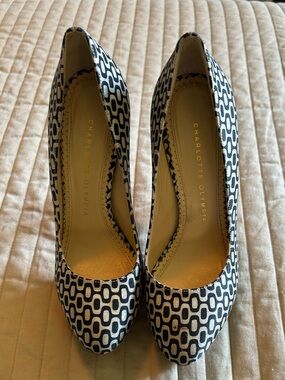 Charlotte Olympia Black and White Dolly Geometric Platform Pumps